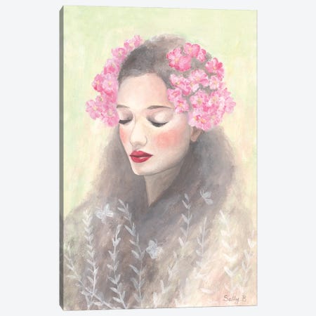Woman With Pink Flowers On Long Hair Canvas Print #SLY138} by Sally B Canvas Wall Art