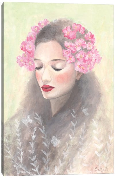 Woman With Pink Flowers On Long Hair Canvas Art Print - Sally B