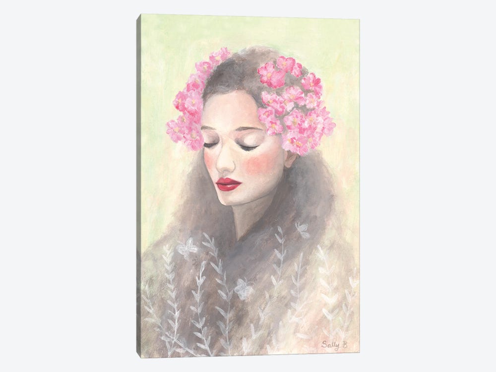 Woman With Pink Flowers On Long Hair by Sally B 1-piece Canvas Art