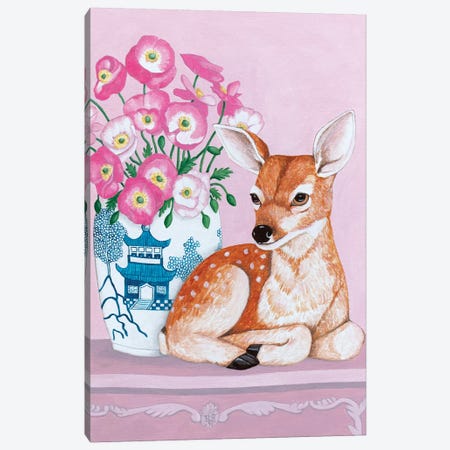 Chinoiserie Vase With Flowers And Deer Canvas Print #SLY13} by Sally B Canvas Print