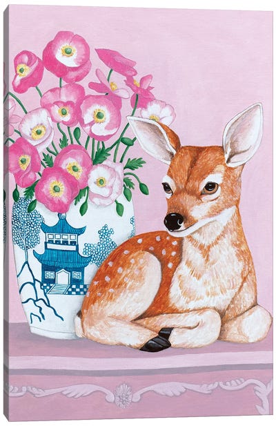 Chinoiserie Vase With Flowers And Deer Canvas Art Print - Modern Portraiture