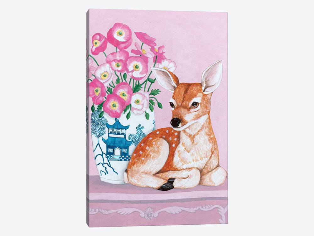 Chinoiserie Vase With Flowers And Deer by Sally B 1-piece Canvas Artwork