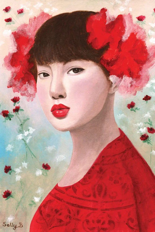 Woman Portrait With Red Flowers