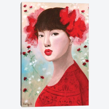 Woman Portrait With Red Flowers Canvas Print #SLY141} by Sally B Art Print