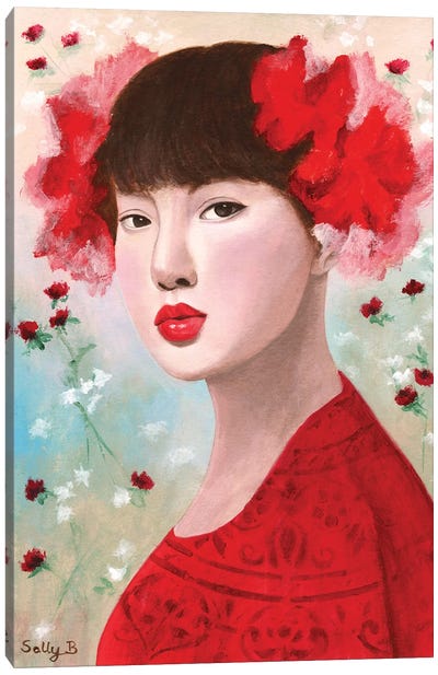 Woman Portrait With Red Flowers Canvas Art Print - Sally B