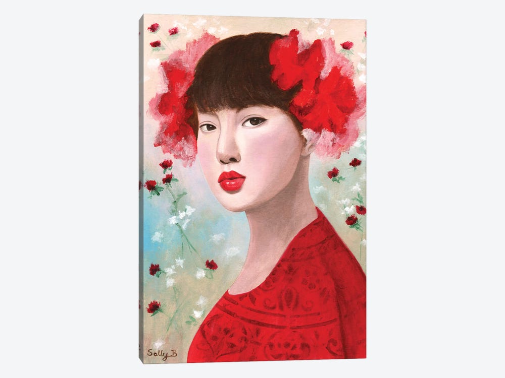 Woman Portrait With Red Flowers by Sally B 1-piece Canvas Art