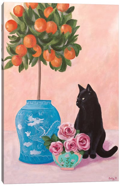 Chinoiserie Black Cat And Orange Tree Canvas Art Print - Pottery Still Life
