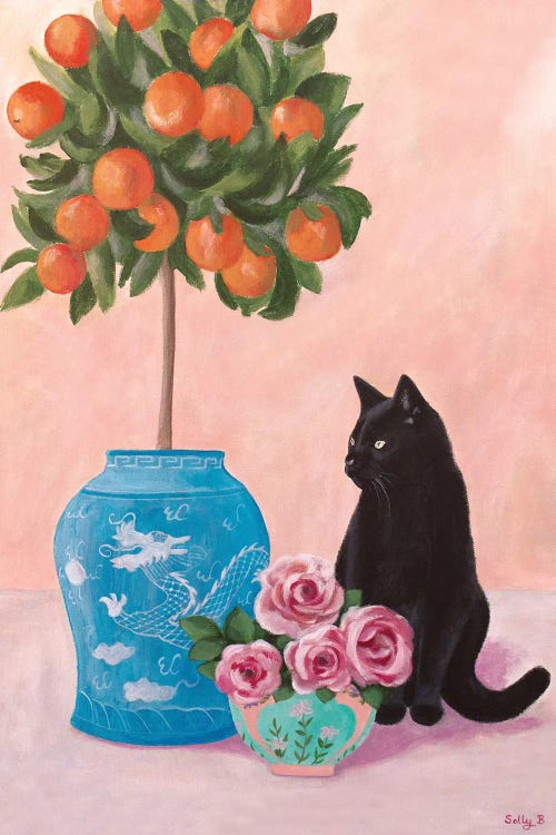 Chinoiserie Black Cat And Orange Tree