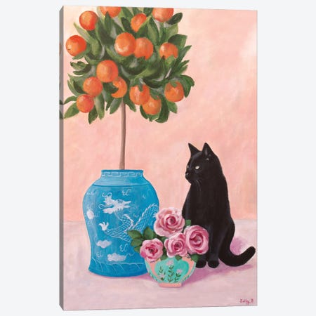 Chinoiserie Black Cat And Orange Tree Canvas Print #SLY147} by Sally B Canvas Art