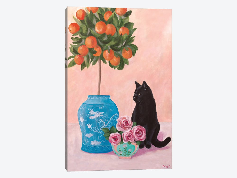 Chinoiserie Black Cat And Orange Tree by Sally B 1-piece Canvas Wall Art