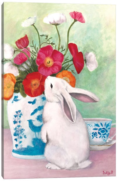 Chinoiserie Rabbit And Anemones Canvas Art Print - Rabbit Art