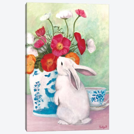 Chinoiserie Rabbit And Anemones Canvas Print #SLY148} by Sally B Canvas Print