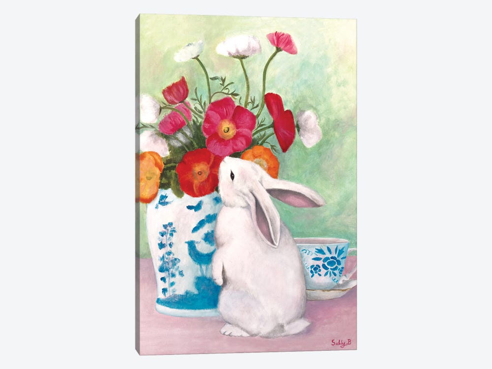 Chinoiserie Rabbit And Anemones by Sally B 1-piece Canvas Print