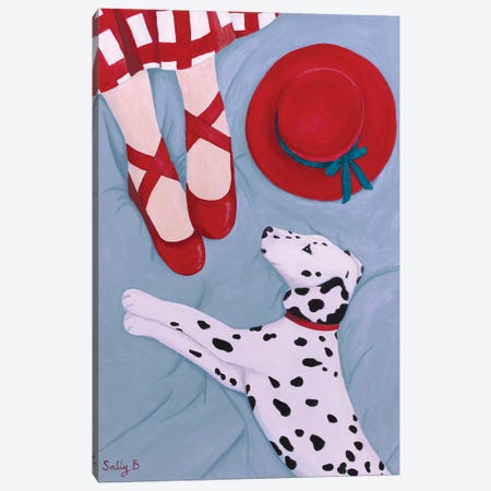 Dalmatian With Red Hat Canvas Print #SLY14} by Sally B Canvas Wall Art
