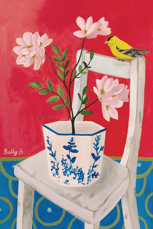 Chiboiserie Bird, Pink Flowers And Chair