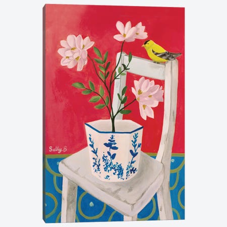 Chiboiserie Bird, Pink Flowers And Chair Canvas Print #SLY155} by Sally B Canvas Art Print