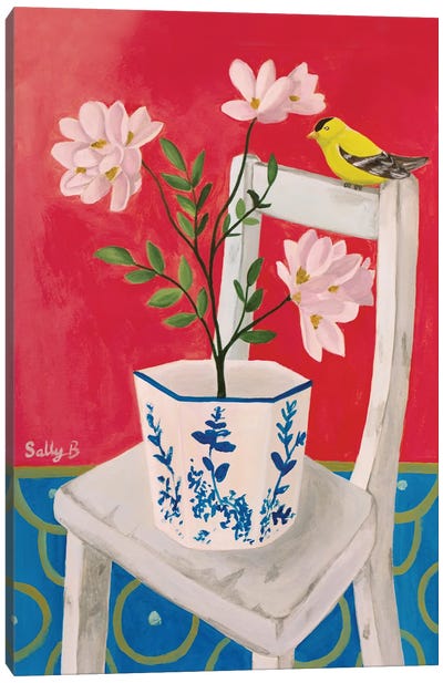 Chiboiserie Bird, Pink Flowers And Chair Canvas Art Print - Chinoiserie Art