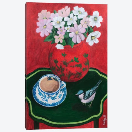 Bird Teacup And Chinoiserie Flowers Canvas Print #SLY158} by Sally B Canvas Artwork