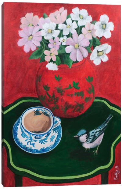 Bird Teacup And Chinoiserie Flowers Canvas Art Print - Chinoiserie Art