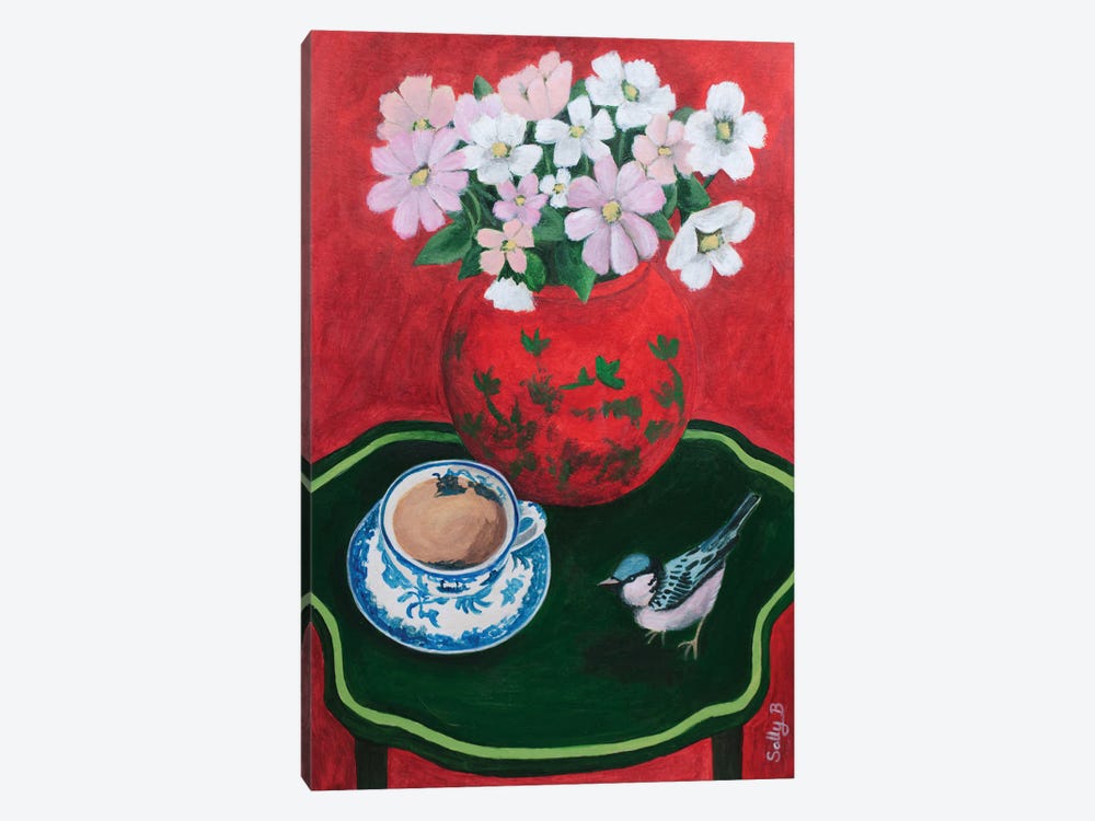 Bird Teacup And Chinoiserie Flowers by Sally B 1-piece Canvas Wall Art