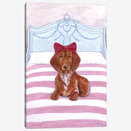 Daschund On Bed Canvas Print #SLY15} by Sally B Canvas Artwork