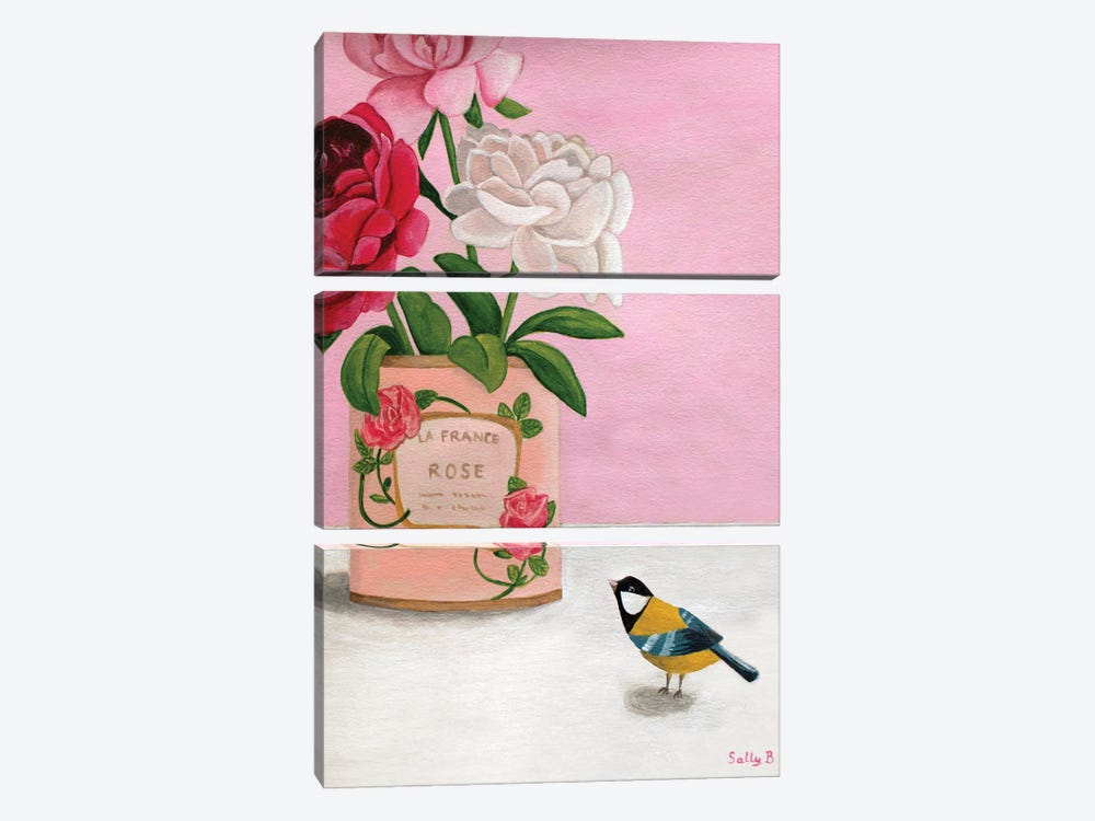 Rosela France And Bird by Sally B 3-piece Canvas Print