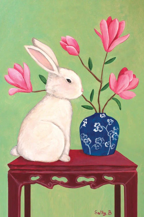 Rabbit On Chinoiserie Table by Sally B wall art