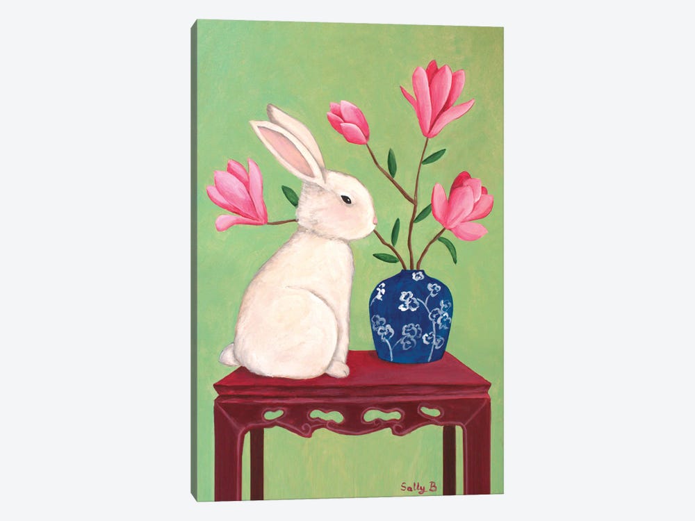 Rabbit On Chinoiserie Table by Sally B 1-piece Canvas Artwork
