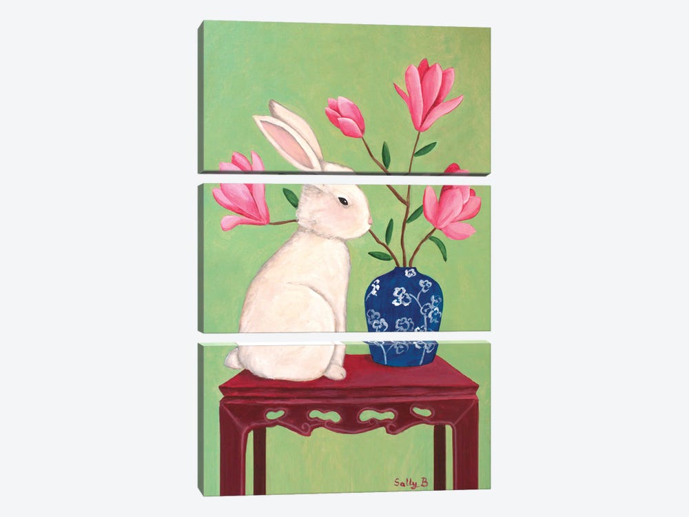 Rabbit On Chinoiserie Table by Sally B 3-piece Canvas Wall Art