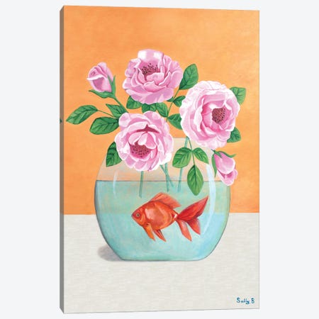 Goldfish And Flowers Canvas Print #SLY165} by Sally B Canvas Wall Art