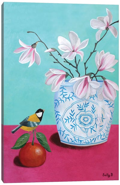 Magnolia And Mandarin Orange With Bird Canvas Art Print - Turquoise Art