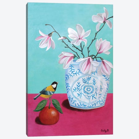 Magnolia And Mandarin Orange With Bird Canvas Print #SLY166} by Sally B Canvas Art