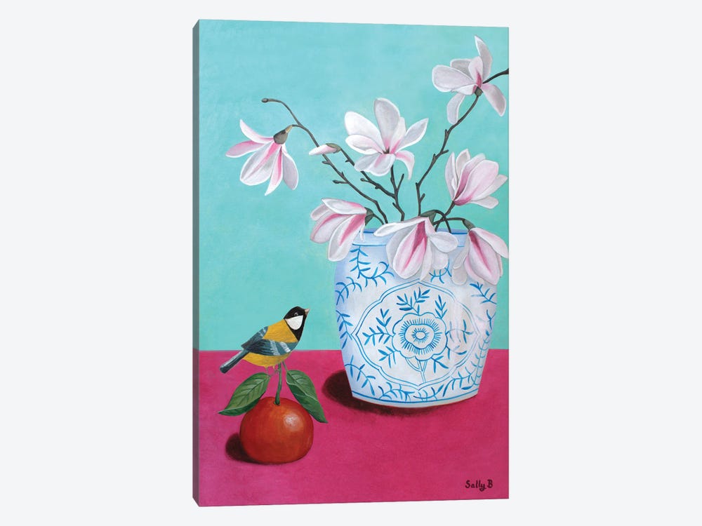 Magnolia And Mandarin Orange With Bird by Sally B 1-piece Canvas Print