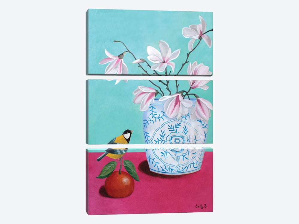 Magnolia And Mandarin Orange With Bird by Sally B 3-piece Art Print