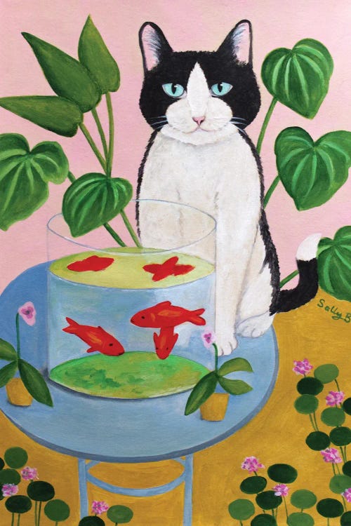 Cat And Goldfishes by Sally B wall art