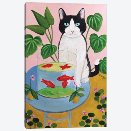 Cat And Goldfishes Canvas Print #SLY173} by Sally B Canvas Artwork