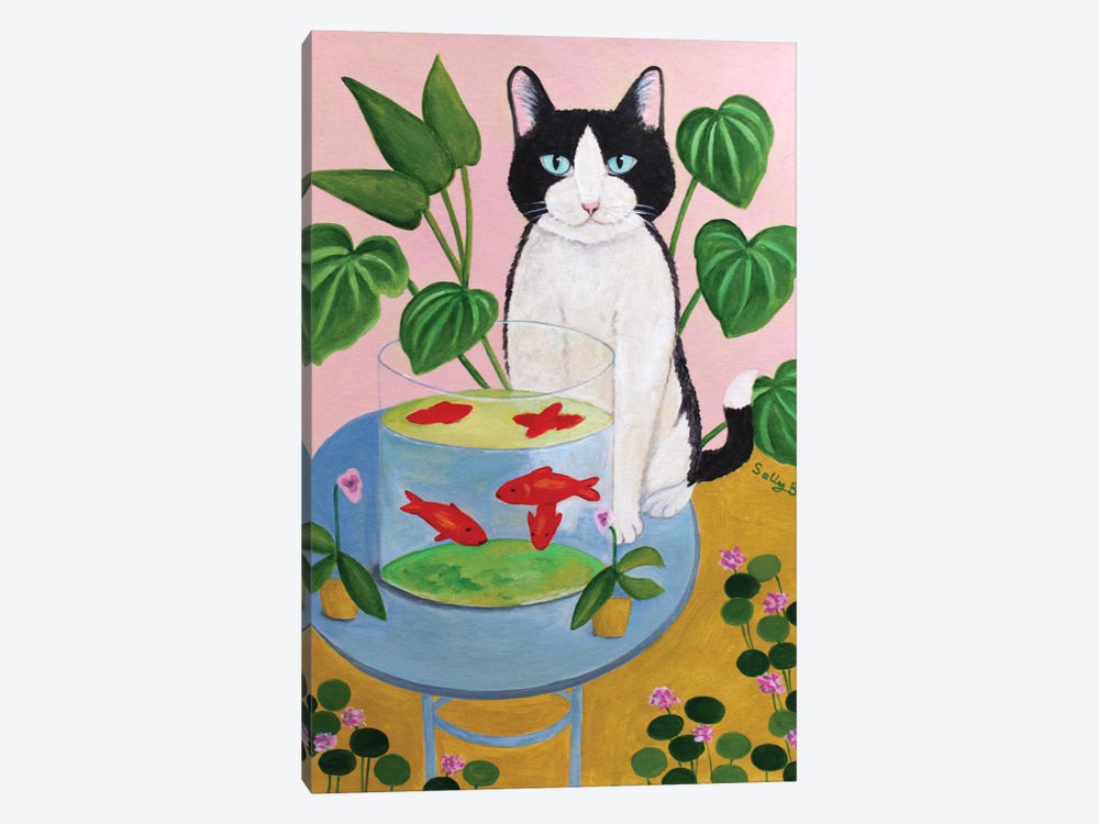 Cat And Goldfishes by Sally B 1-piece Canvas Art Print