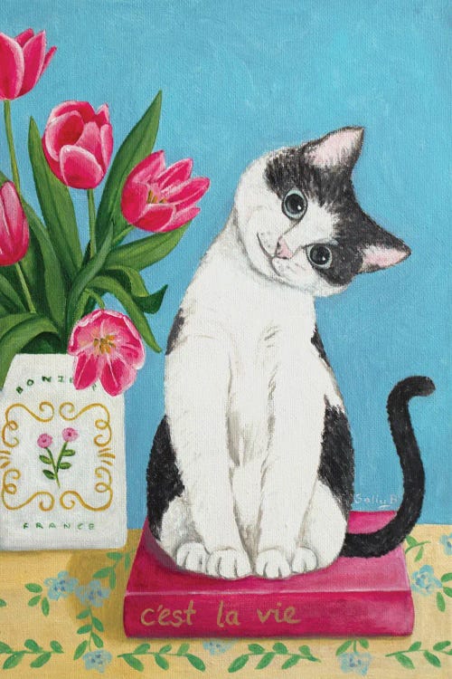 Cat, Book And Tulip by Sally B wall art