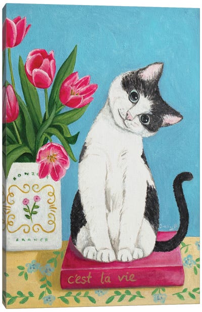 Cat, Book And Tulip Canvas Art Print - Sally B