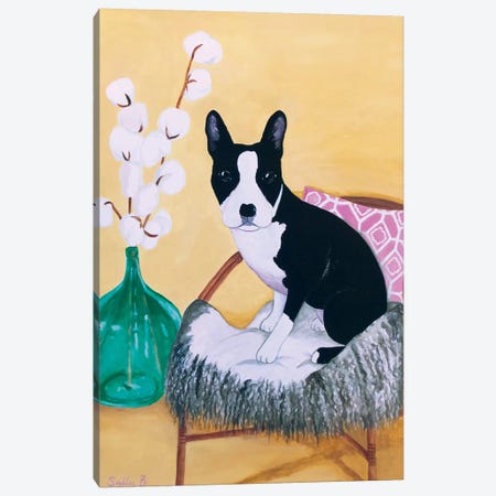 Frenchie On Rattan Chair Canvas Print #SLY17} by Sally B Canvas Artwork
