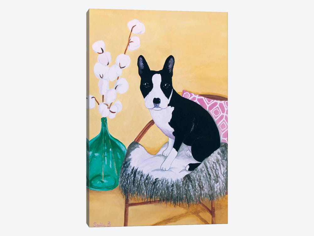 Frenchie On Rattan Chair by Sally B 1-piece Canvas Art