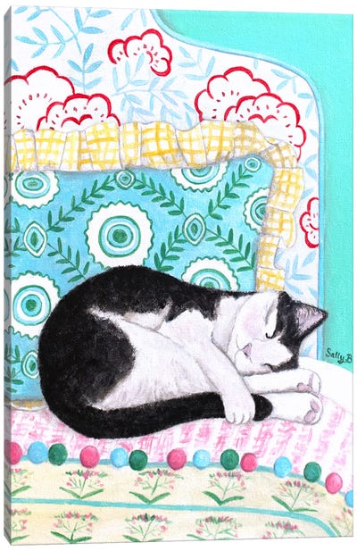 Sleeping Black White Cat Canvas Art Print - Sally B