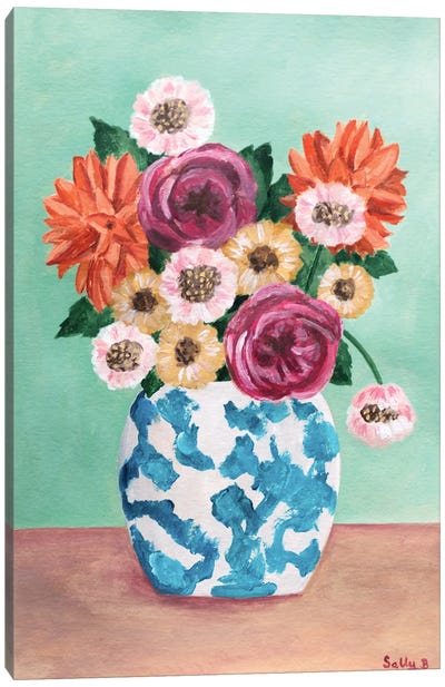 Dahlias And Roses Chinoiserie Canvas Art Print - Dahlia Art