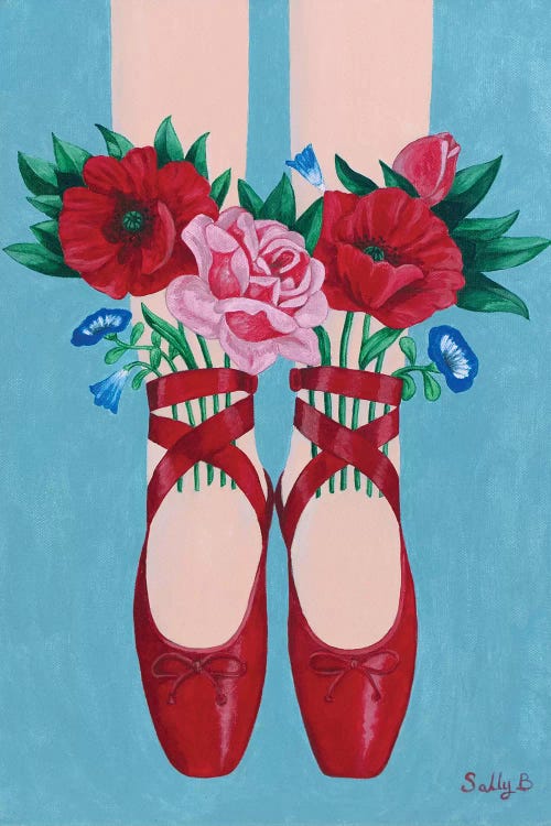 Red Shoes And Flowers by Sally B wall art