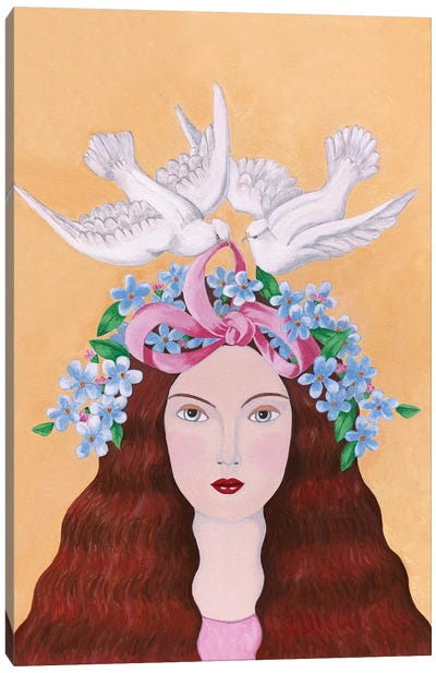 Woman And 2 Doves Canvas Art Print - Modern Portraiture