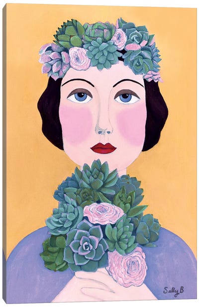 Woman And Succulents Canvas Art Print - Modern Portraiture