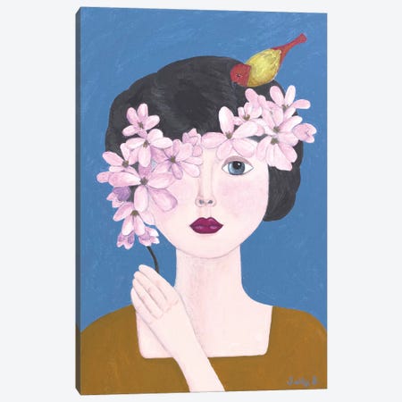 Woman Holding Flowers With Bird Canvas Print #SLY28} by Sally B Canvas Artwork
