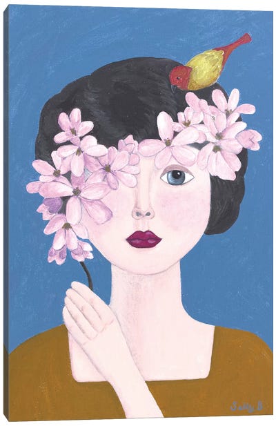 Woman Holding Flowers With Bird Canvas Art Print - Modern Portraiture