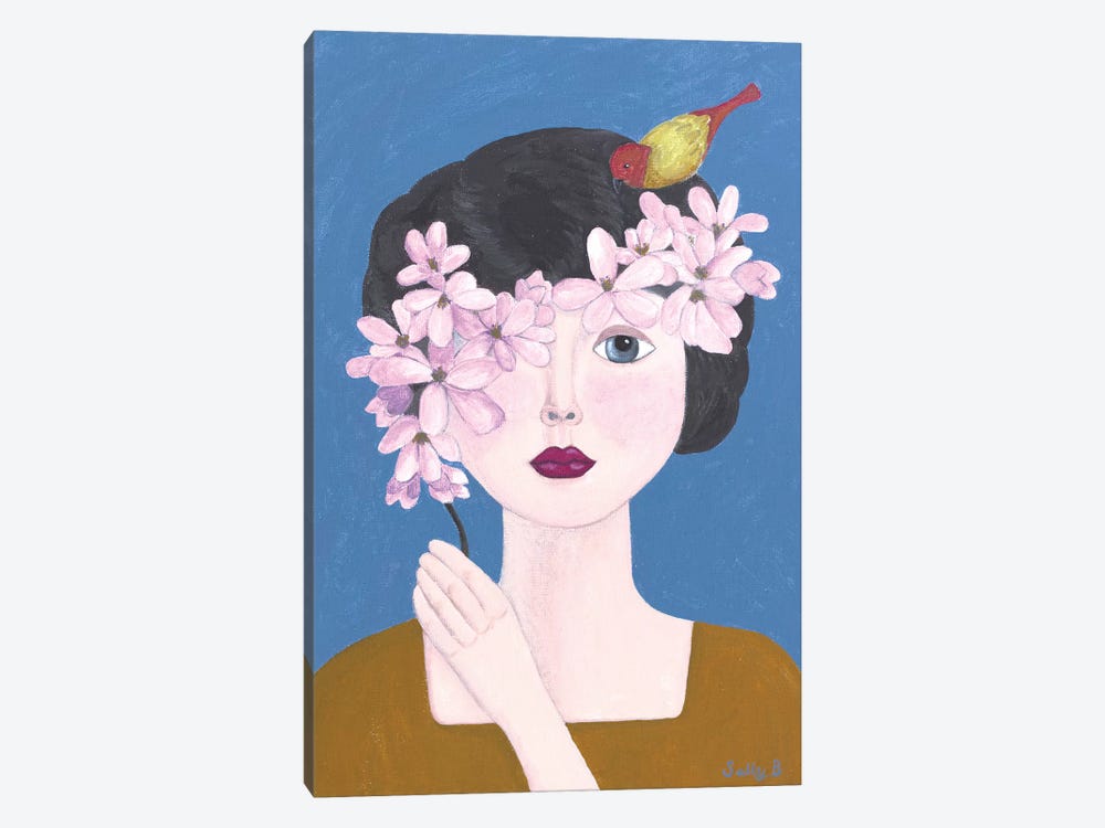 Woman Holding Flowers With Bird by Sally B 1-piece Canvas Artwork