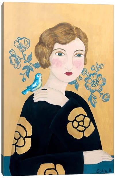 Woman In Black Dress With Bird Canvas Art Print - Granny Chic